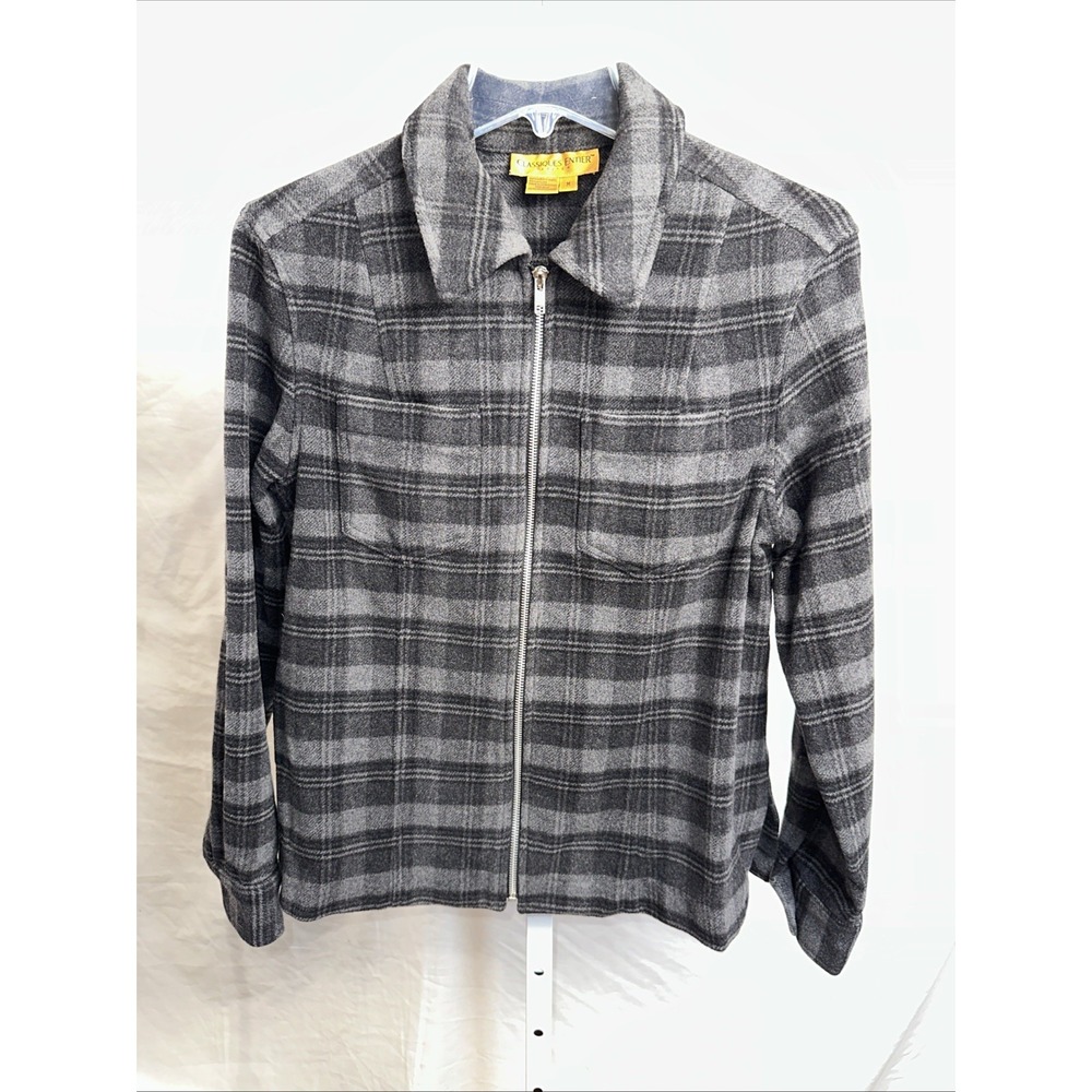 Classiques Entier Wool Zip Shirt Jacket Women's M Petite Gray Plaid Vintage